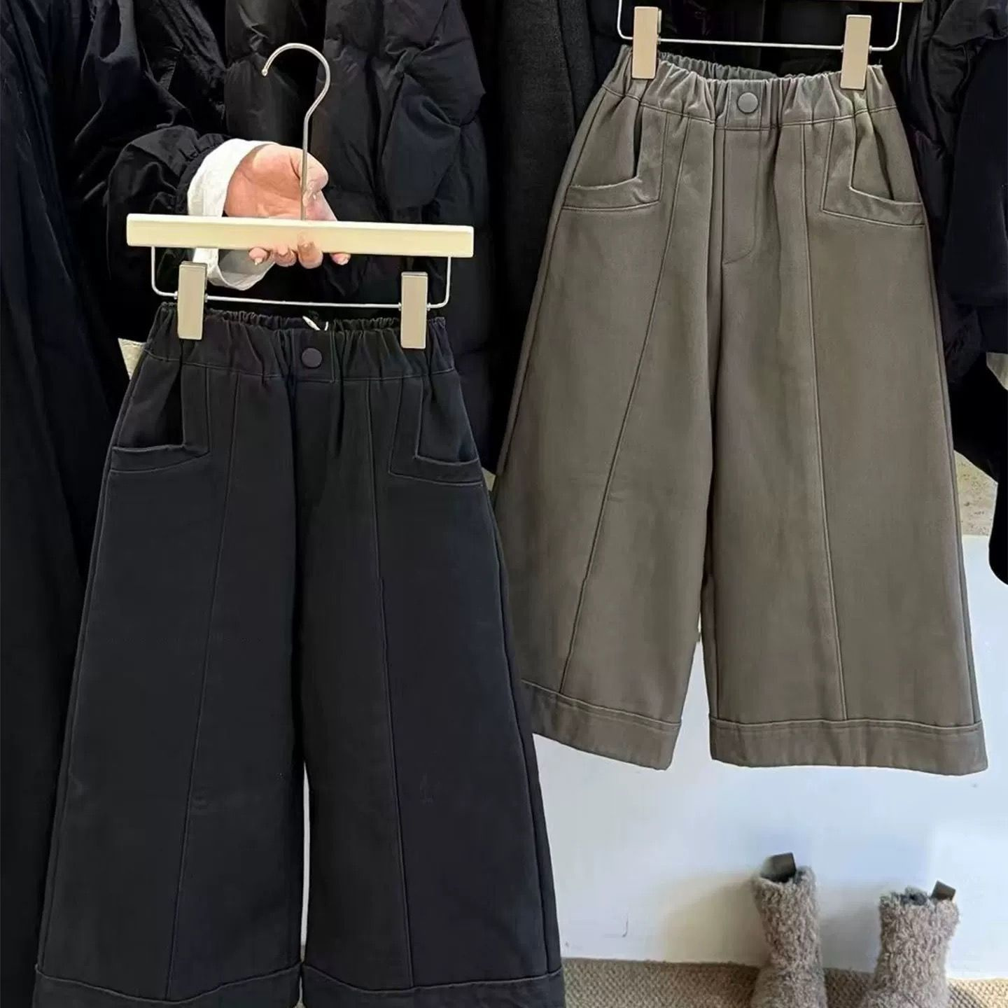 冬男女复古加绒保暖牛仔阔腿裤潮