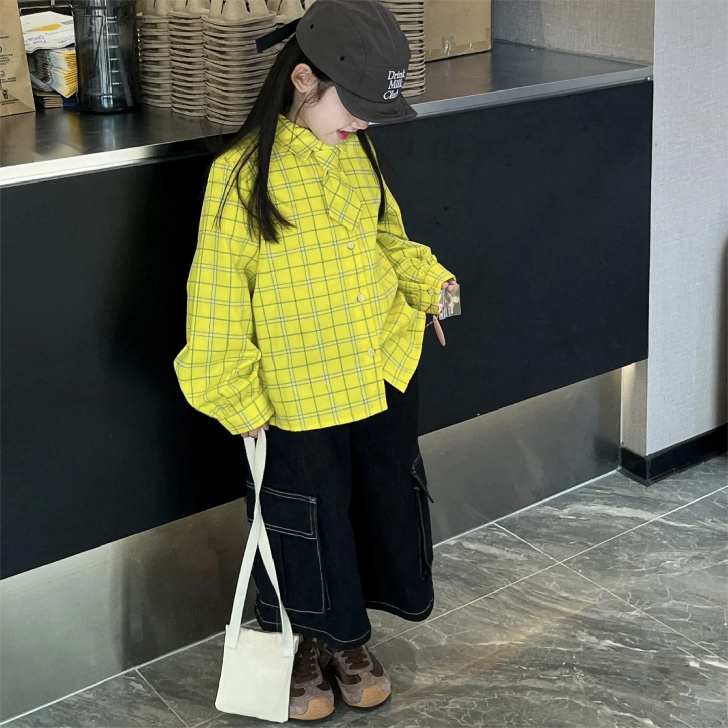 韩版童装春秋新款男女童时尚休闲格子衬衫潮酷百搭工装牛仔裤套装