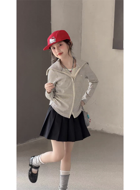 韩版童装春新款女童时尚撞色条纹海军领拉链卫衣黑色百褶半裙套装
