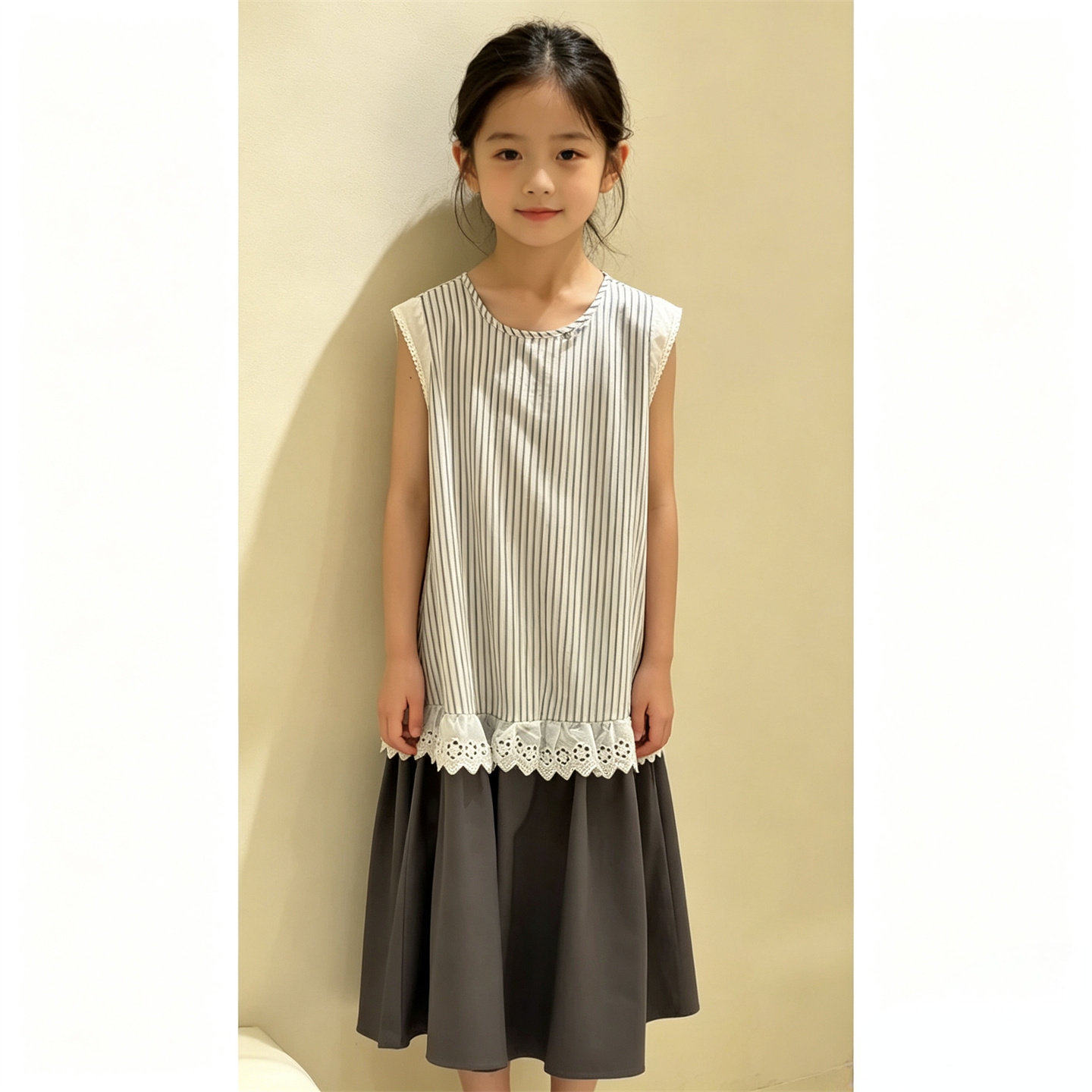 韩版童装夏新款女童小众撞色蕾丝拼接休闲宽松无袖条纹背心连衣裙
