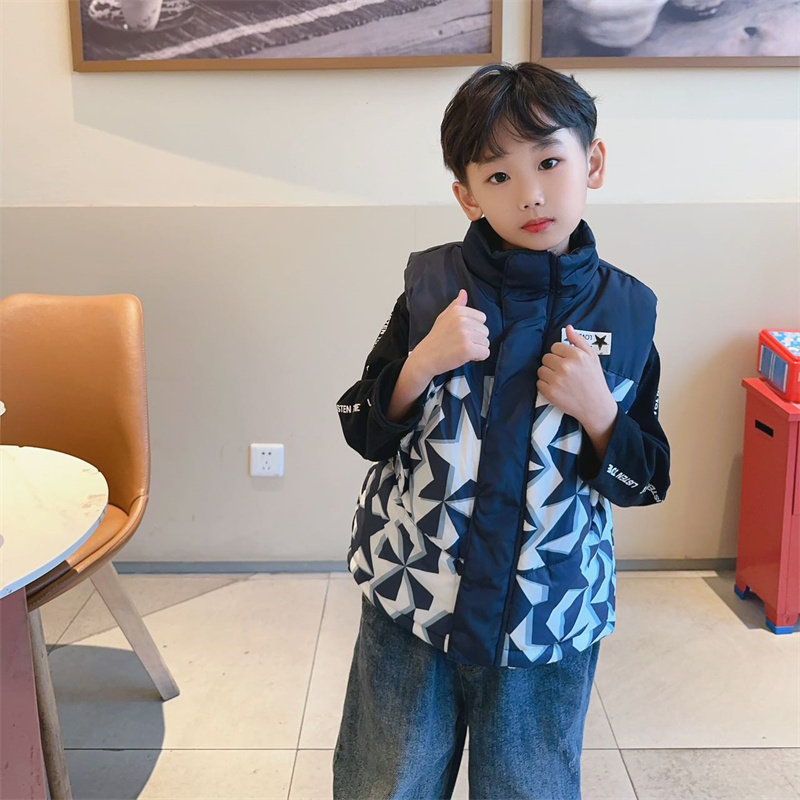 童装品牌定制24春秋新款男女童大口袋保暖羽绒棉撞色立领无袖马甲