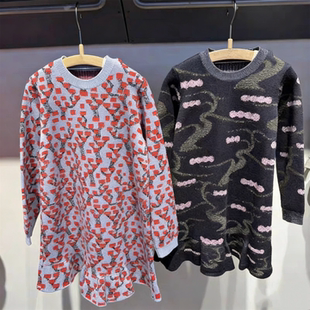 童装定制春季新款女童时尚小众个性提花圆领休闲中长款针织连衣裙