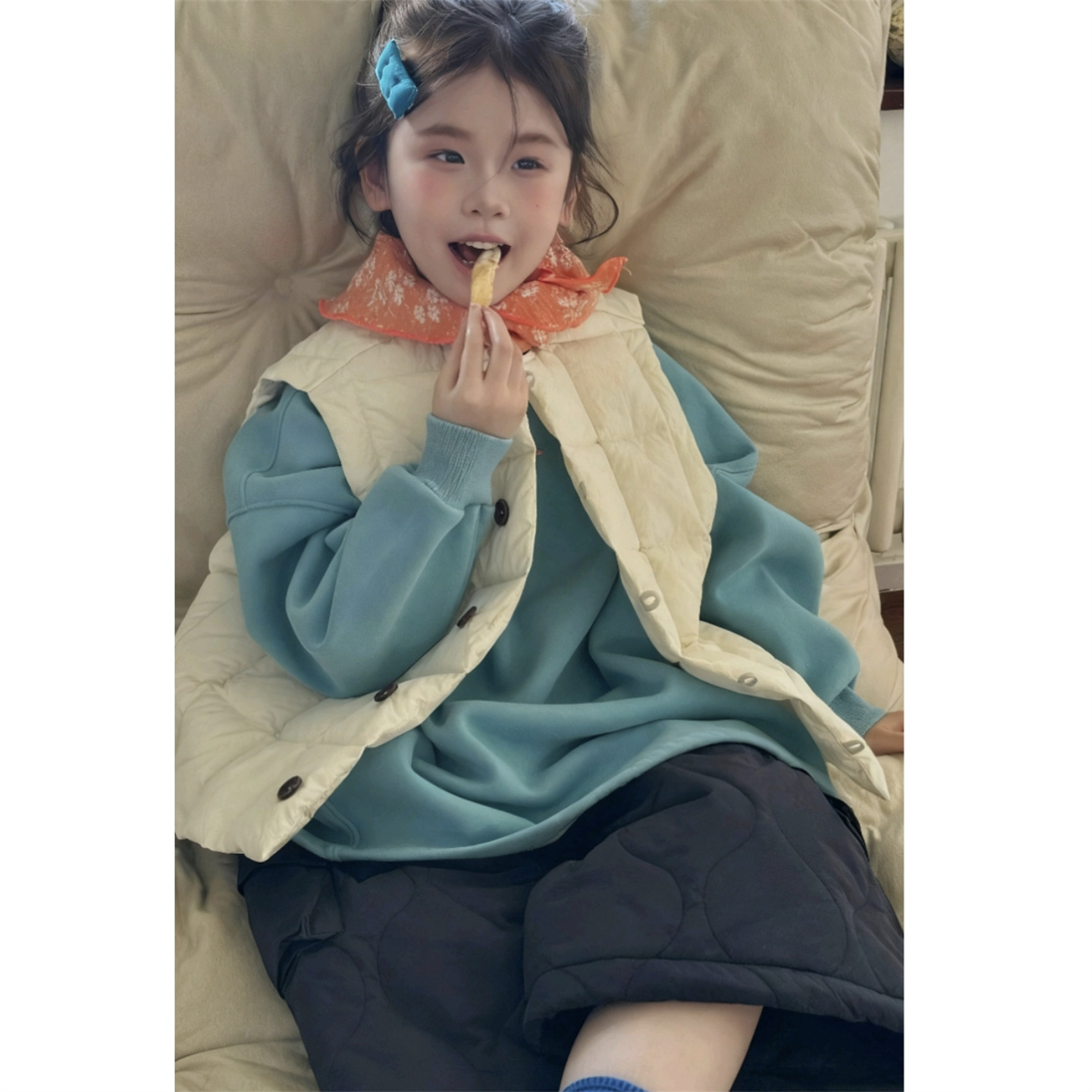 韩版童装秋冬新款男女童小众夹棉马甲背心插肩袖卫衣阔腿棉裤套装