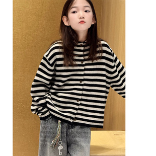 韩版童装秋冬新款男女童经典黑白撞色条纹针织开衫休闲毛衣外套潮