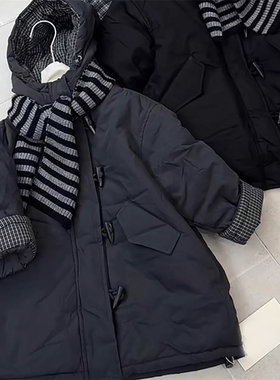 冬男女格子卷边袖连帽棉服外套潮