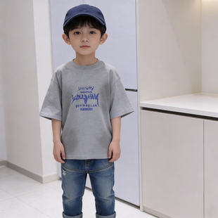 韩版童装夏新款男女童潮酷字母印花圆领落肩袖宽松版休闲短袖T恤