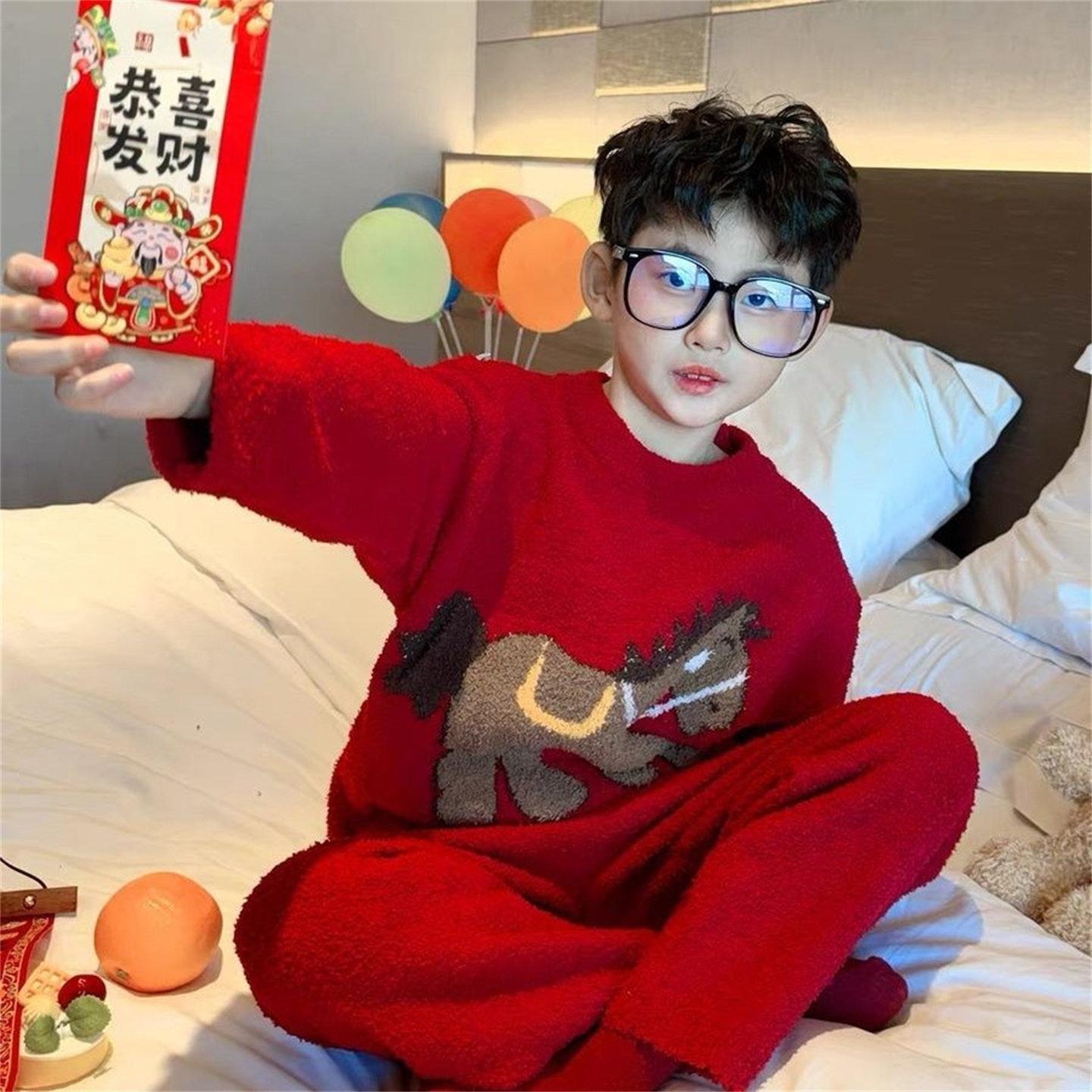 韩系童装秋冬新款男女喜气红色卡通休闲保暖可外穿居家服睡衣套装
