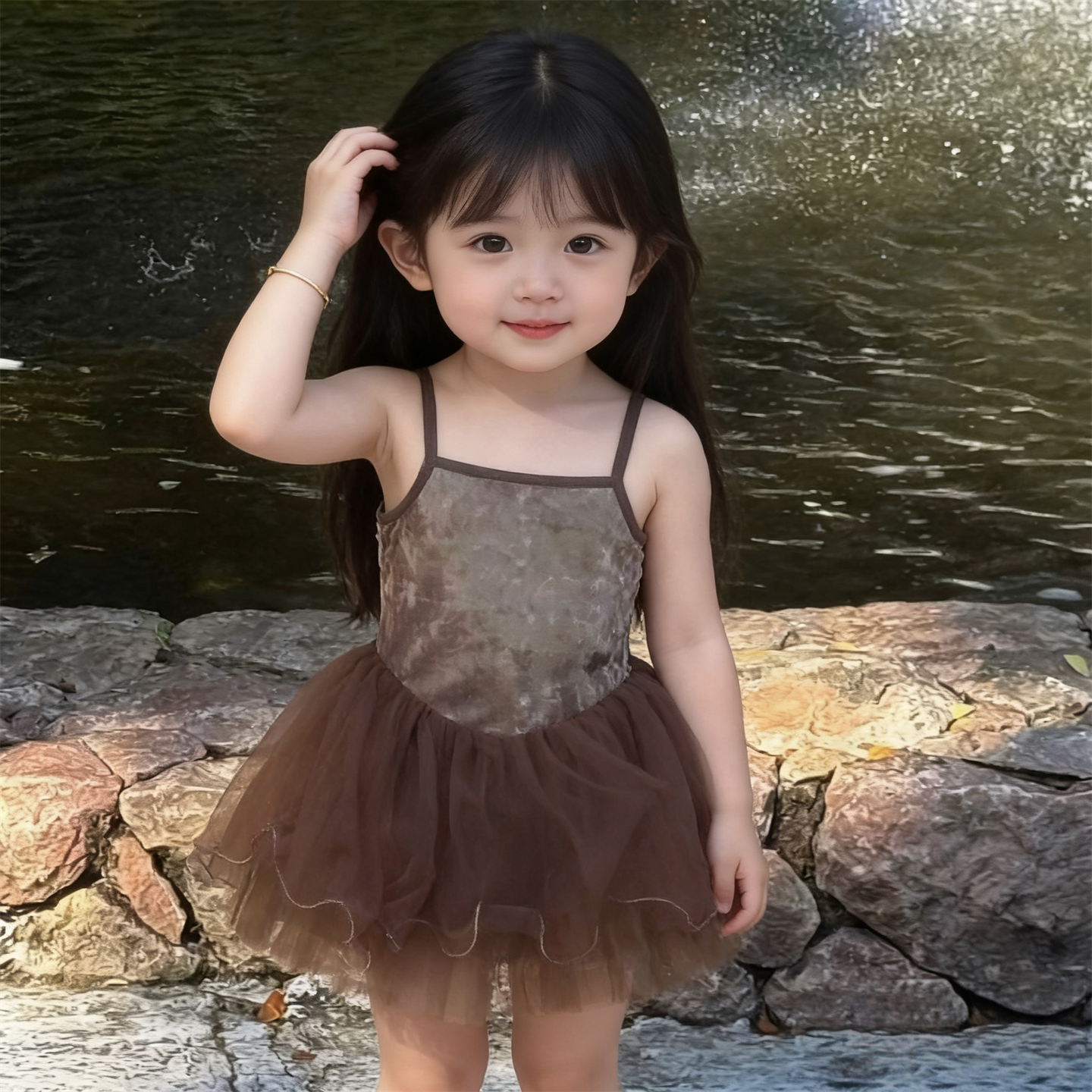 韩版童装夏季新款女童复古丝绒拼接吊带网纱裙蓬蓬礼服公主连衣裙