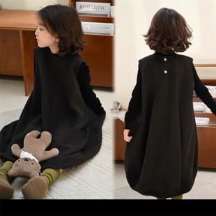 休闲套裙 女童洋气纯色百搭花苞呢子背心裙打底衫 韩系童装 秋冬新款