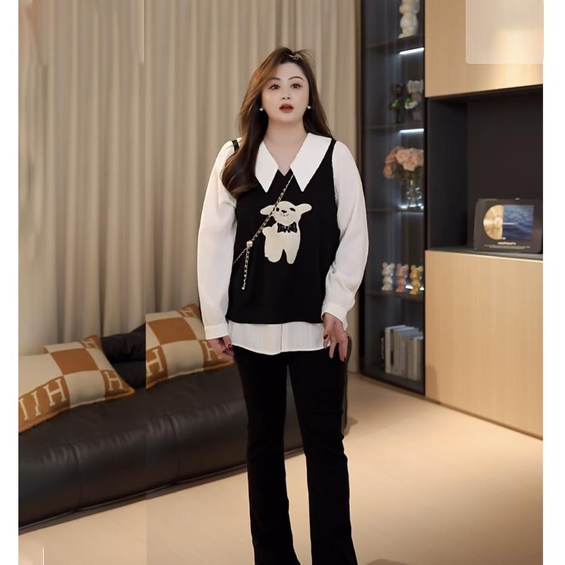 胖佳佳大码女装翻领正肩假两件衬衫女秋季胖mm巨显瘦藏肉百搭上衣