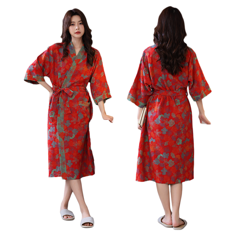 中国风夏季薄款纯棉双层纱布女式浴袍女士全棉晨袍睡袍显瘦家居服
