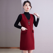 无袖 毛呢连衣裙 通勤v领直筒百搭大码 中长背心裙时尚 女士秋冬新款