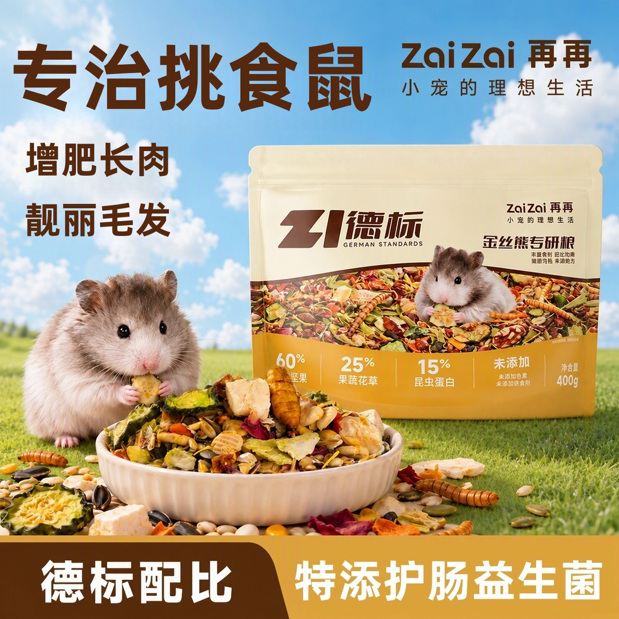 再再仓鼠粮食德标金丝熊侏儒专研营养主粮益生菌冻干专用磨牙零食