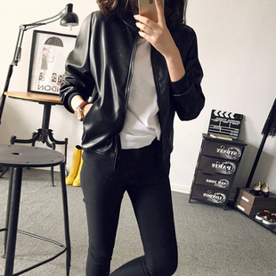 新款 长袖 韩版 百搭拉链立领机车夹克开衫 皮衣外套女潮 时尚 春秋季