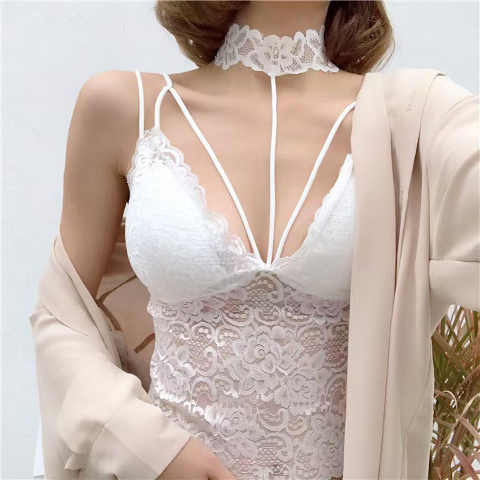 小心机新款韩版时尚百搭纯色性感低胸吊带挂脖蕾丝带胸垫背心女