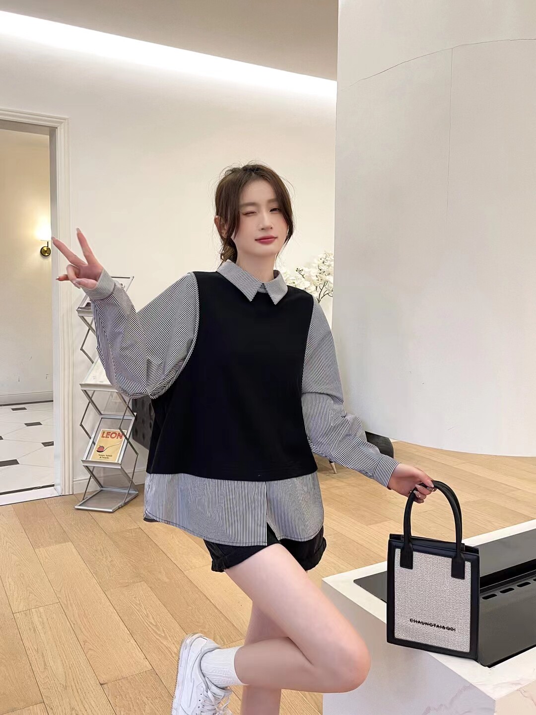 春季新款歌羽姿B005女装韩版翻领条纹拼接衬衣女上衣小衫
