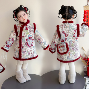 女童中国风花卉旗袍裙冬季加厚长袖中长款宝宝过年服公主连衣裙潮