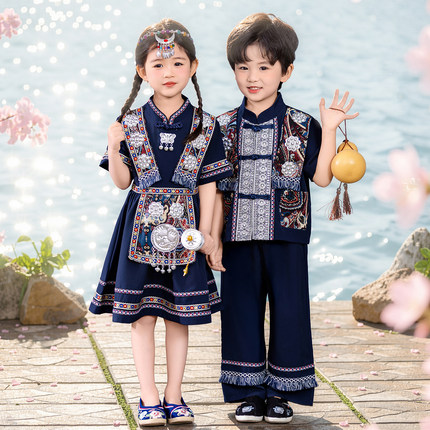 儿童夏季套装三月三儿童民族服装广西男童壮族服少数民族连衣裙