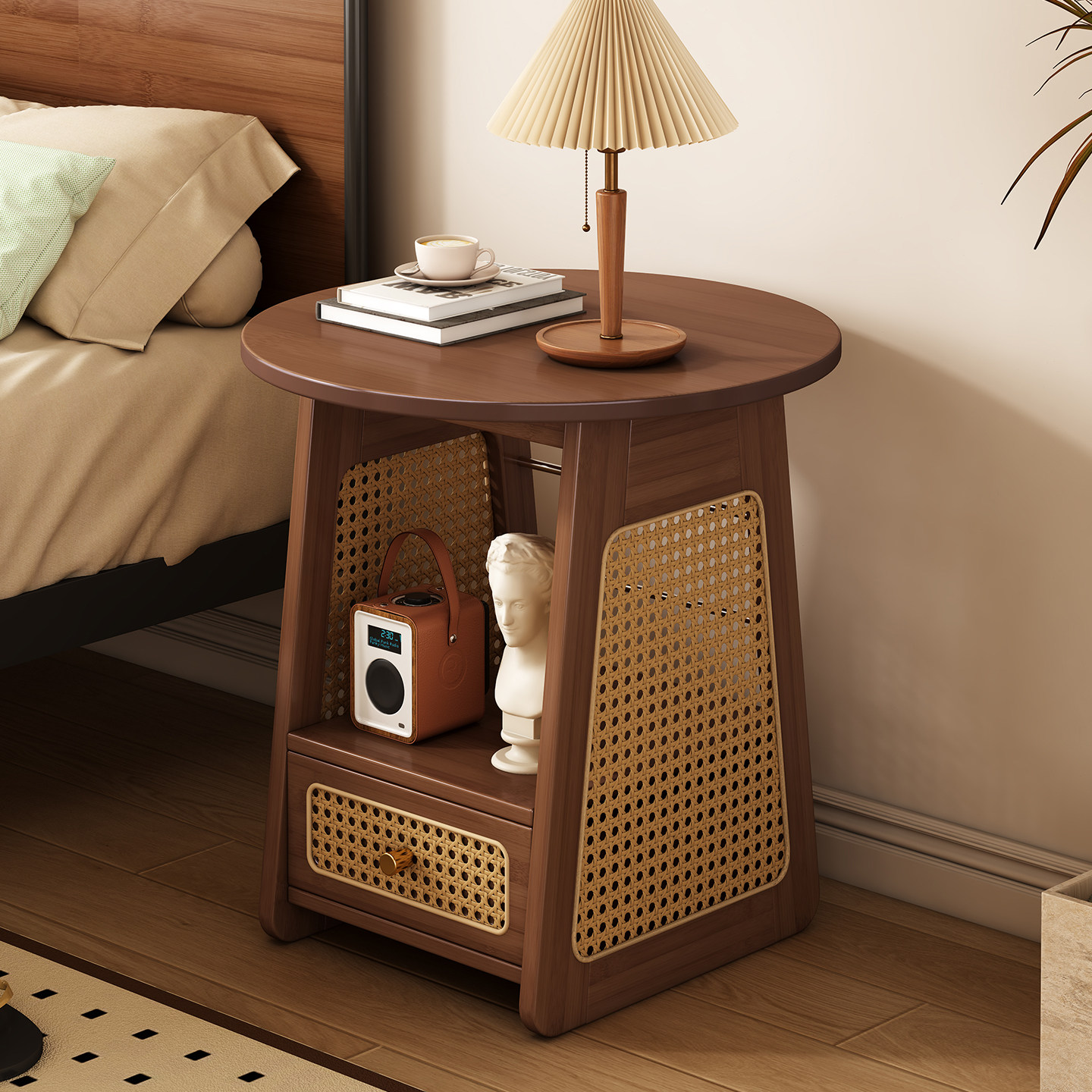 中古风新款实木圆形藤编床头柜卧室床边柜床边桌储物柜一体小边几