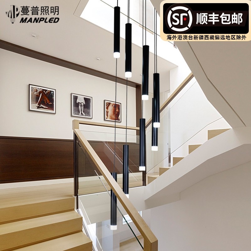 复式楼梯吊灯长吊灯北欧创意简约后现代个性餐厅单头直筒形长吊灯