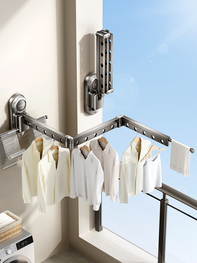 吸盘折叠晾衣架阳台家用壁挂式免打孔隐形伸缩挂凉衣杆晒被子神器