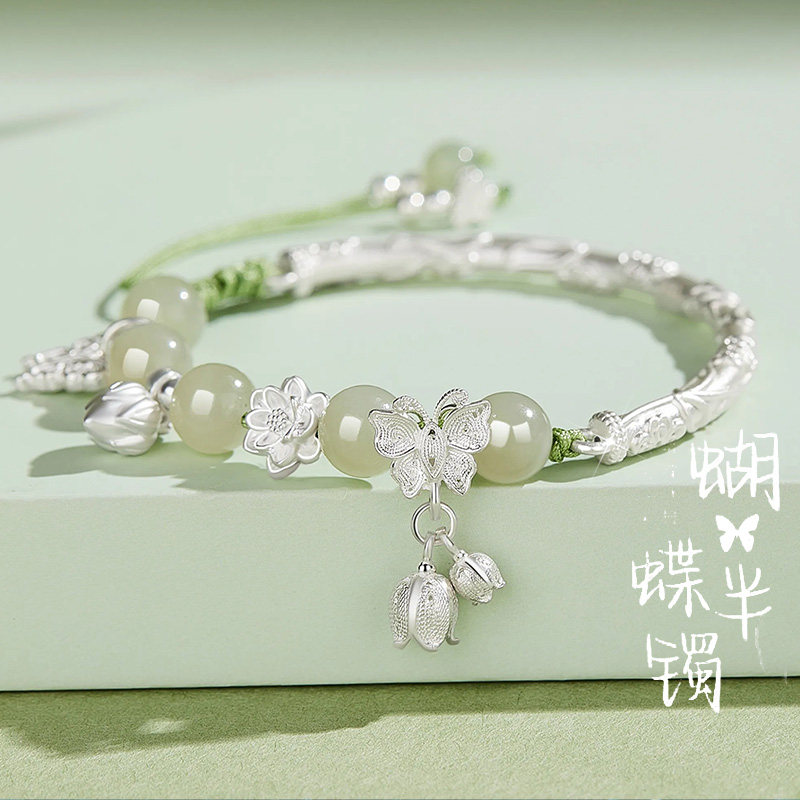 S999足银两世欢半镯手链女款2026新款手镯轻奢小众精致母亲节礼物