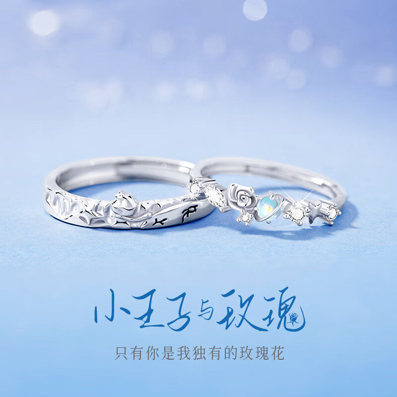 小王子与玫瑰情侣戒指纯银男女一对轻奢高级感对戒纪念礼物送女友