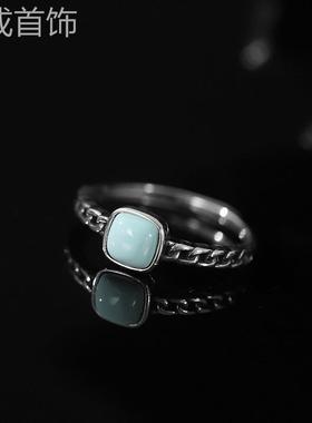 【网红推荐】绿松石女式S925银嵌泰银开口方形戒指复古做旧戒面波
