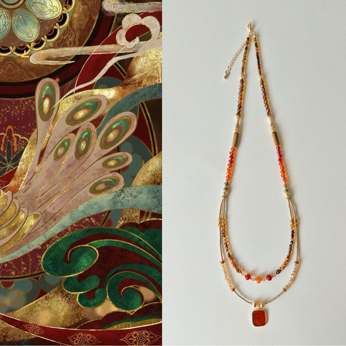 新中式长款项链天然石红玛瑙吊坠敦煌配色手工串珠双层毛衣链女