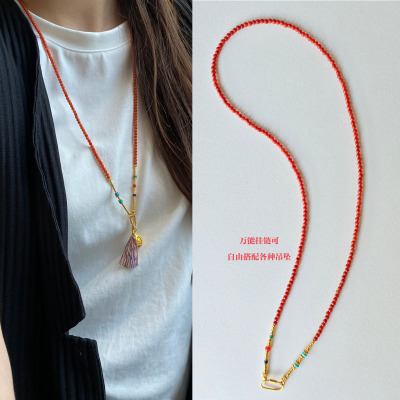 天然南红长款项链女四面佛吊坠可拆卸万能挂链新中式国风毛衣链
