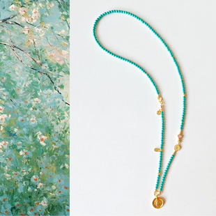 绿松石长款项链女串珠国风毛衣链万能链可拆卸黄财神吊坠多用挂绳