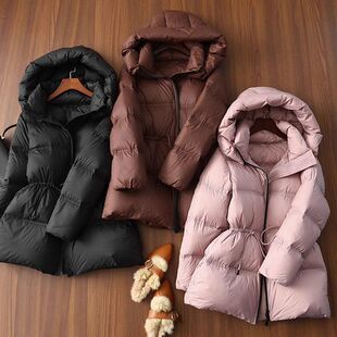 篙阶篙品质蓬松保暖90白鸭绒连帽防风抽绳收腰中长款休闲羽绒服女