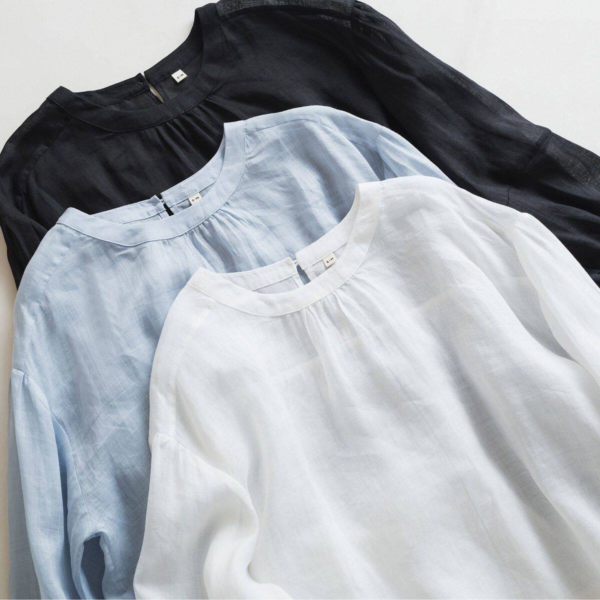 日系通勤文艺水洗筋骨感莼苎麻宽松减龄落肩灯笼袖清透薄罩衫上衣