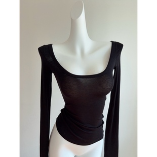 店主私服~纯欲蕾丝吊带+u领长袖内搭打底衫女 莱赛尔天丝羊毛T恤