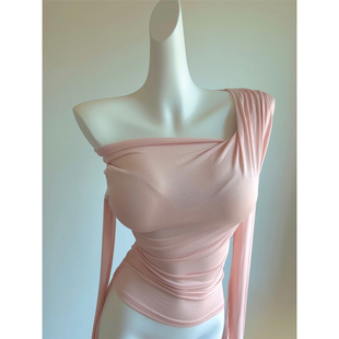 莱赛尔天丝褶皱收腰上衣 T恤女 秋 小心机斜肩露肩长袖 本期挚爱