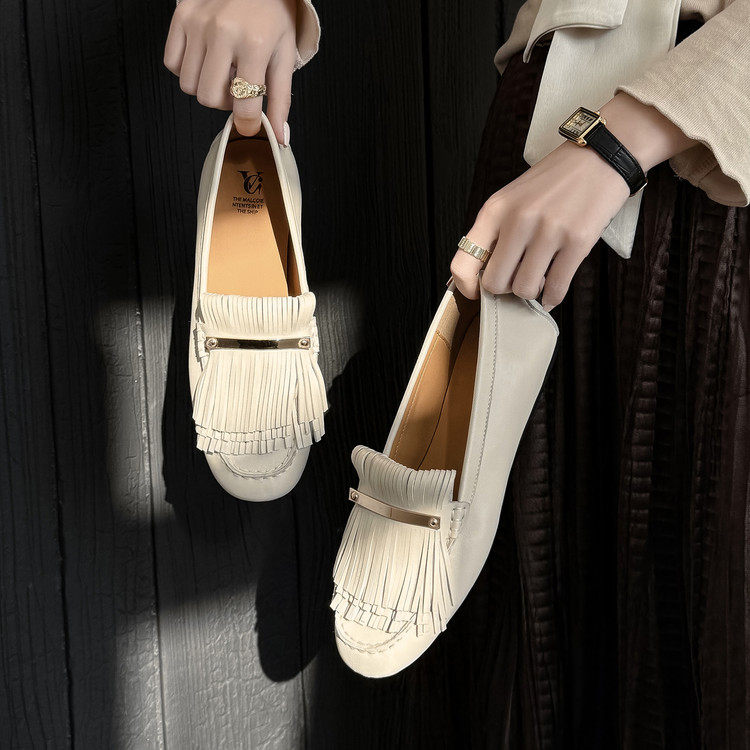 1cm小众流苏真皮乐福鞋女款2026春夏新款百搭平底一脚蹬深口单鞋