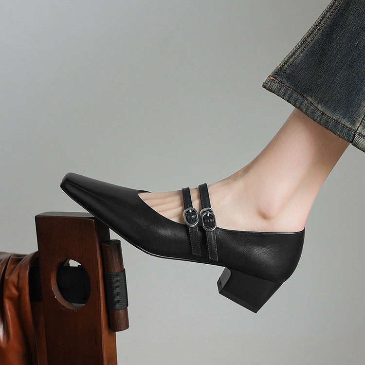 4cm真皮女鞋通勤风方头玛丽珍鞋女双扣带浅口单鞋粗跟黑色高跟鞋,女鞋,浅口单鞋,淘宝优惠券,粉丝福利购,淘宝优惠卷