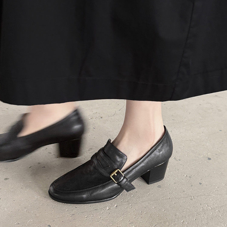 5cm真皮英伦风复古一脚蹬乐福鞋女粗跟圆头金属扣日常通勤小皮鞋,女鞋,深口单鞋,淘宝优惠券,粉丝福利购,淘宝优惠卷