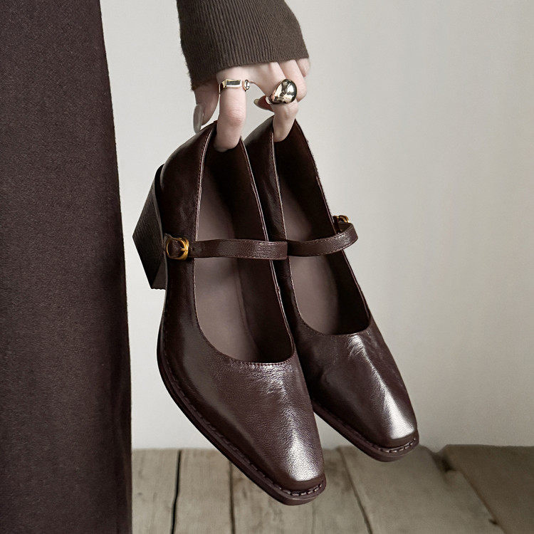 7cm法式羊皮方头玛丽珍鞋女粗跟一字扣带高跟鞋商务通勤粗跟单鞋