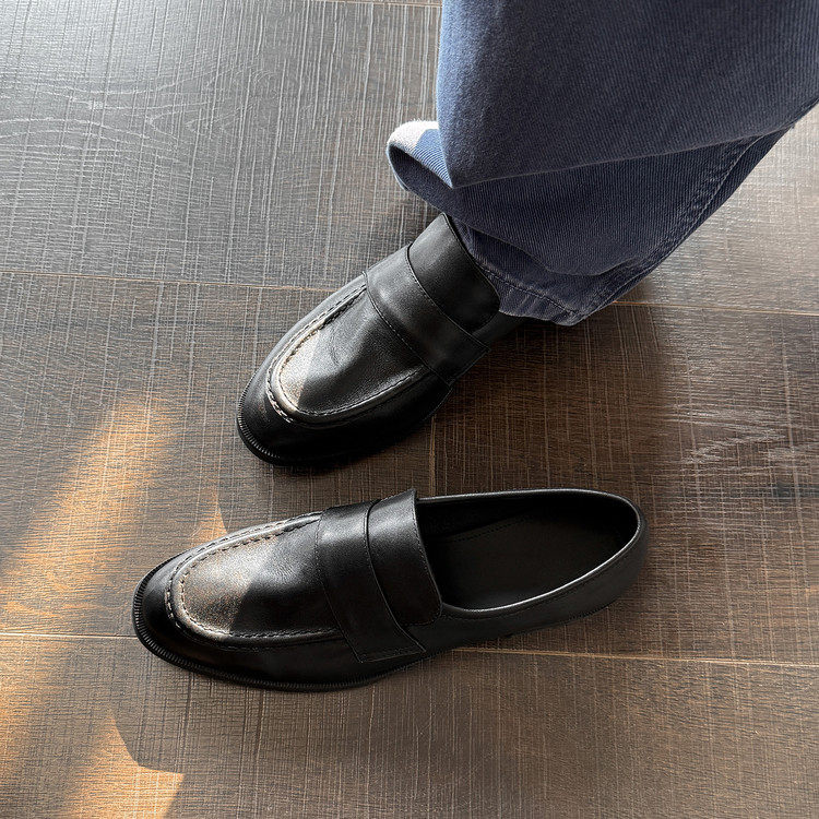 2.5cm复古风真皮乐福鞋一脚蹬懒人鞋粗跟单鞋日常通勤女鞋豆豆鞋,女鞋,乐福鞋（豆豆鞋）,淘宝优惠券,粉丝福利购,淘宝优惠卷