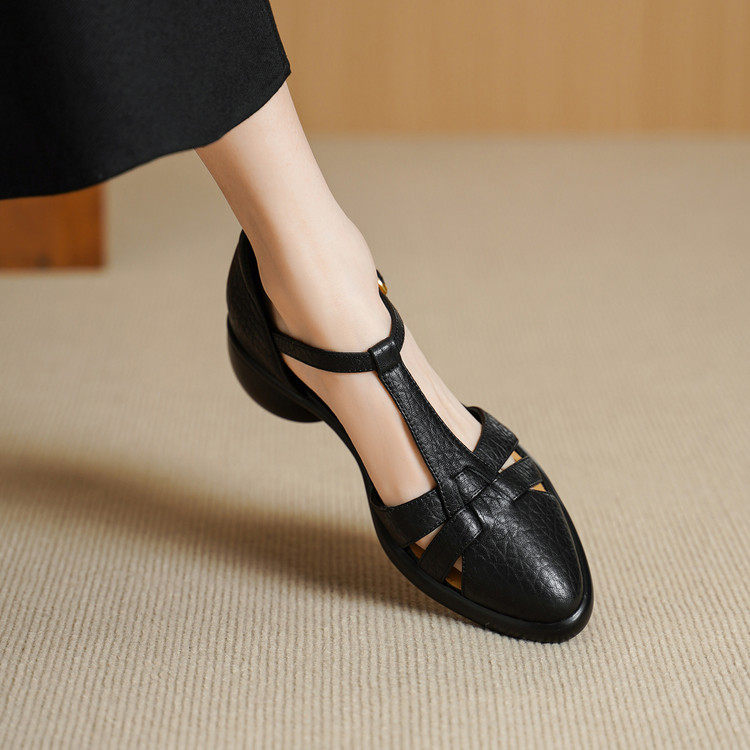 5cm配裙子包头厚底踩屎感凉鞋女真皮时尚镂空高跟粗跟仙女罗马鞋