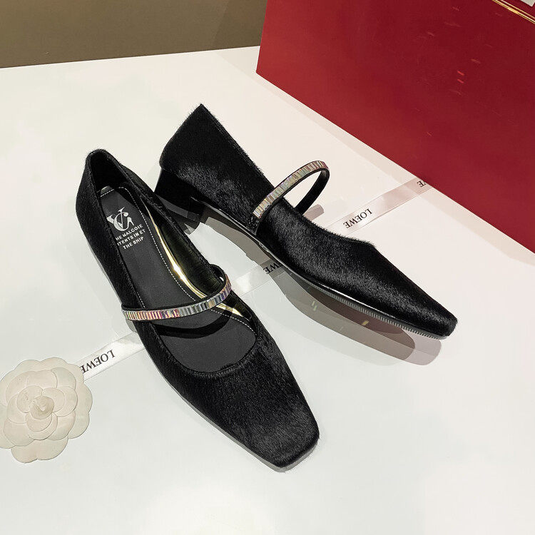 名媛风轻奢牛毛方头粗跟玛丽珍鞋水钻一字带仙女风黑色女单鞋真皮