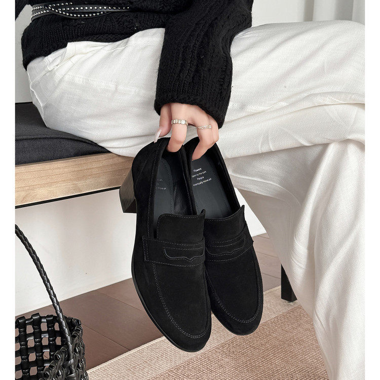 5cm羊皮粗跟乐福鞋女2026新款真皮绒面高跟深口单鞋英伦风小皮鞋,女鞋,深口单鞋,淘宝优惠券,粉丝福利购,淘宝优惠卷