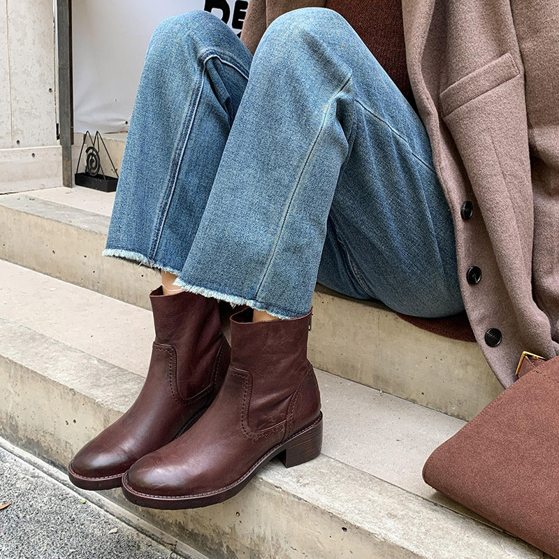 4.5cm短靴后拉链马丁靴女款2025新款冬季加绒单靴英伦风瘦瘦靴