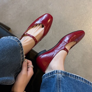 1.4cm真皮酒红色玛丽珍鞋女2026新款法式圆头平底小皮鞋低跟单鞋