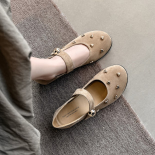 2cm简约风圆头玛丽珍鞋 女一字扣带浅口舒适软底平底铆钉学院单鞋