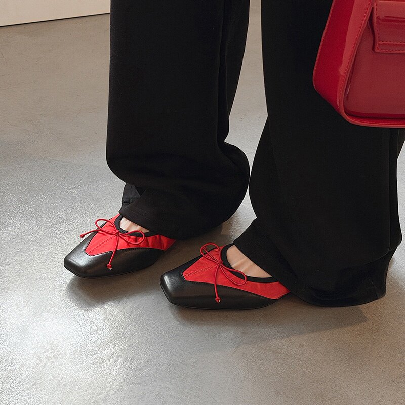 3cm法式芭蕾小香风蝴蝶结方头蛋卷鞋女拼色小众设计单鞋浅口平底