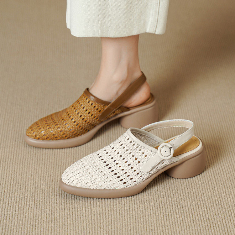 5cm简约风真皮编织镂空包头粗跟凉鞋女夏季时尚透气厚底后空高跟