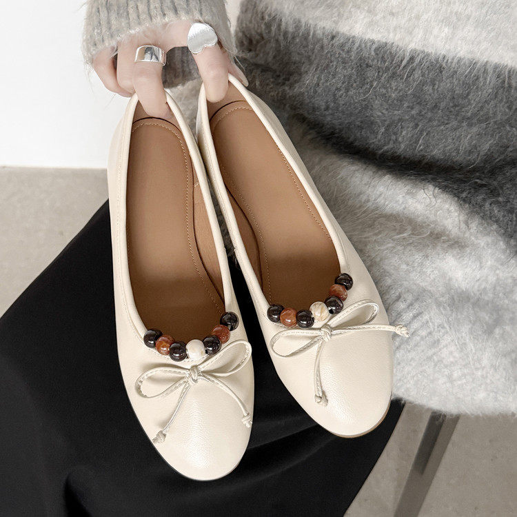 1.5cm米白色蝴蝶结软底芭蕾鞋高个子拼色串珠平底玛丽珍小皮鞋女,女鞋,时尚芭蕾鞋,淘宝优惠券,粉丝福利购,淘宝优惠卷