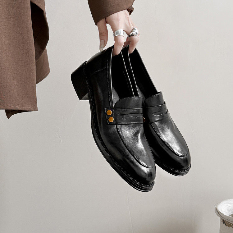 3cm英伦风真皮粗跟乐福鞋复古时尚小皮鞋一脚蹬中跟圆头深口单鞋,女鞋,深口单鞋,淘宝优惠券,粉丝福利购,淘宝优惠卷